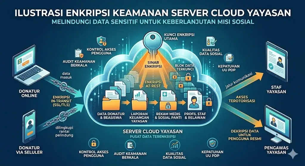 Ilustrasi enkripsi keamanan server cloud untuk melindungi data perusahaan dan yayasan